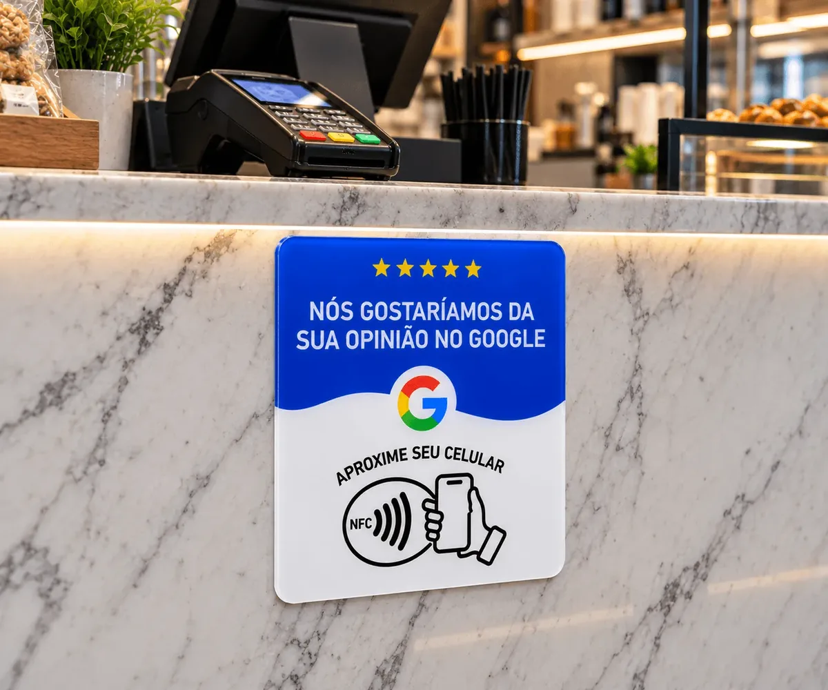 Plaquinha Onda Azul instalada na frente de um balcão de mármore claro