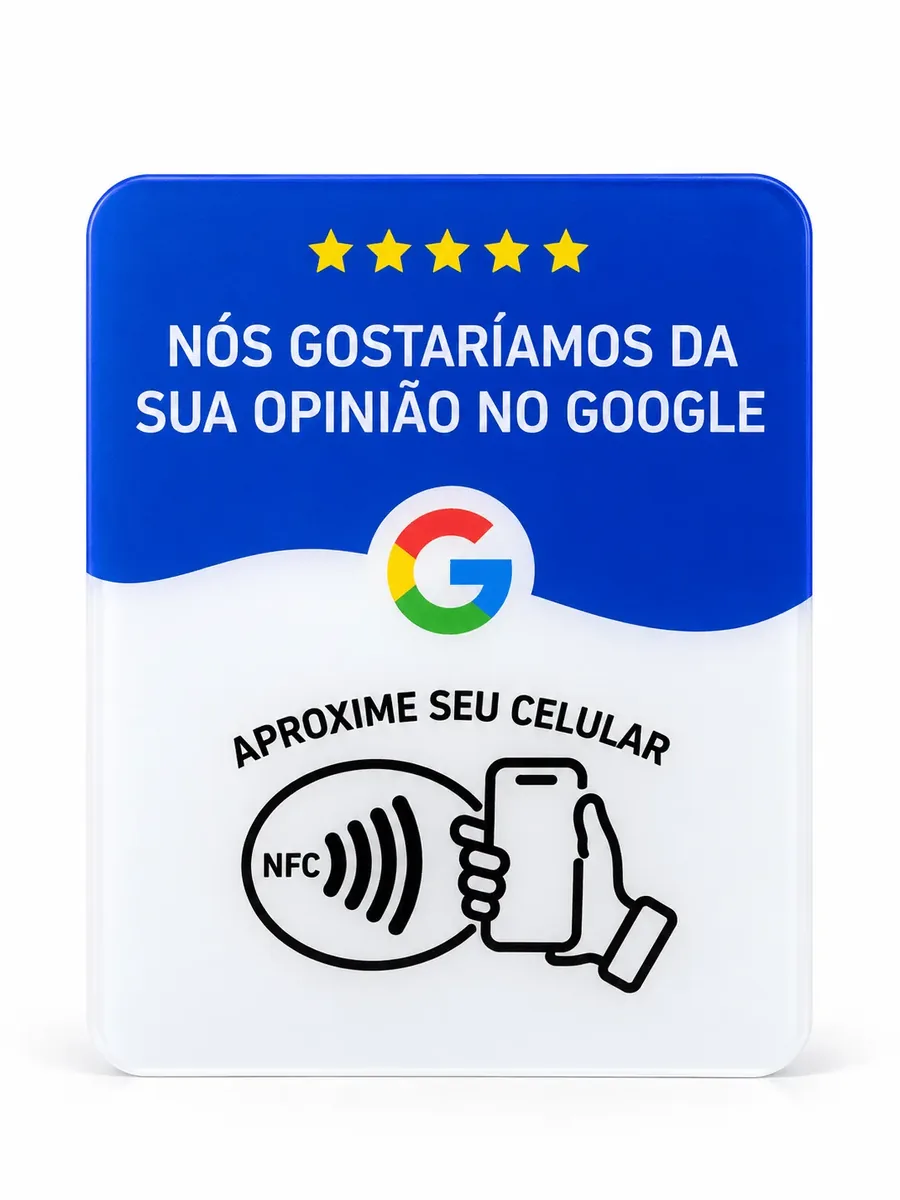 Plaquinha NFC de avaliação Google modelo Onda Azul vista de frente