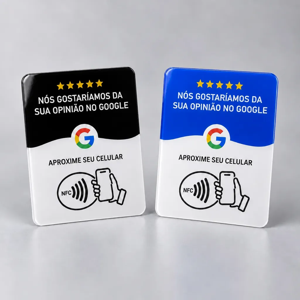 Plaquinhas NFC de avaliação Google nos modelos Onda Preta e Onda Azul